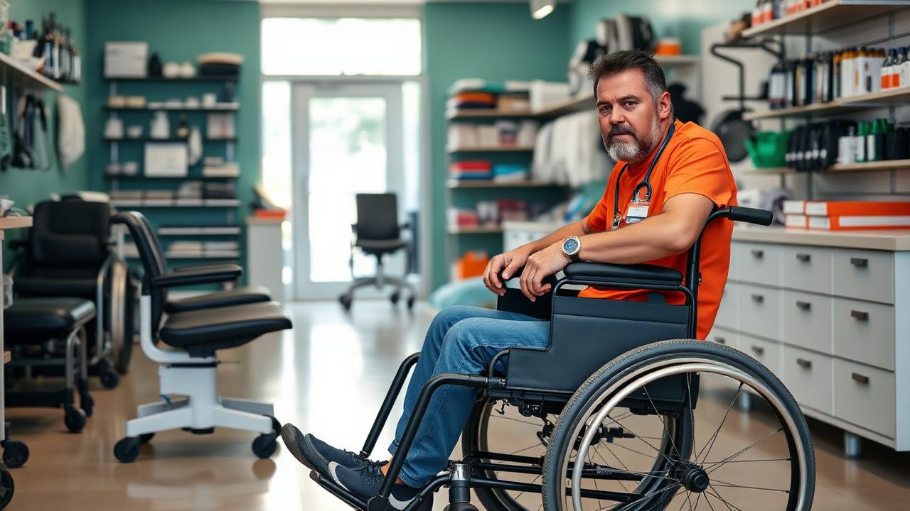 Profissional demonstrando ajustes de apoio de pés e encosto para uma pessoa sentada em cadeira de rodas em uma loja de produtos hospitalares