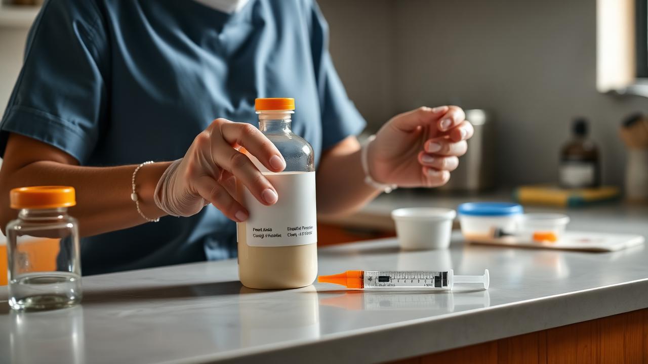 Cuidadora preparando dieta enteral industrializada em bancada doméstica limpa, com frasco e seringa enteral organizados