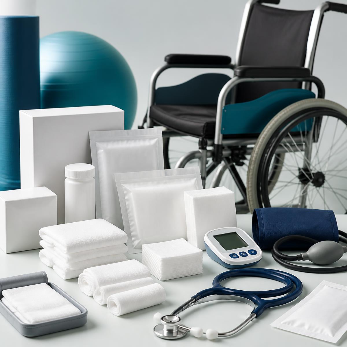 Composição com cadeira de rodas, estetoscópio, aparelho de pressão e materiais hospitalares
